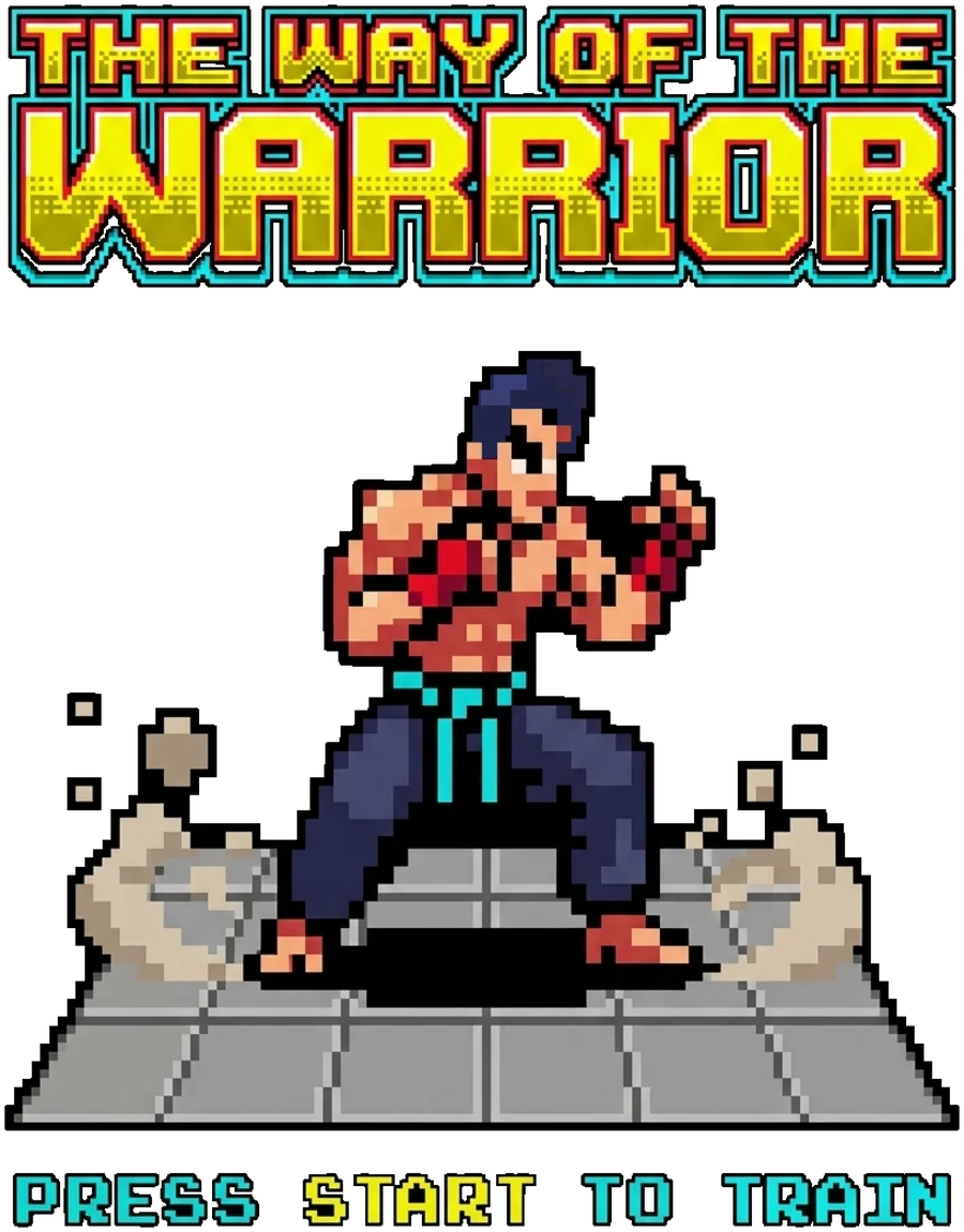 The Way of the Warrior title screen — pixel fighter, press start to train